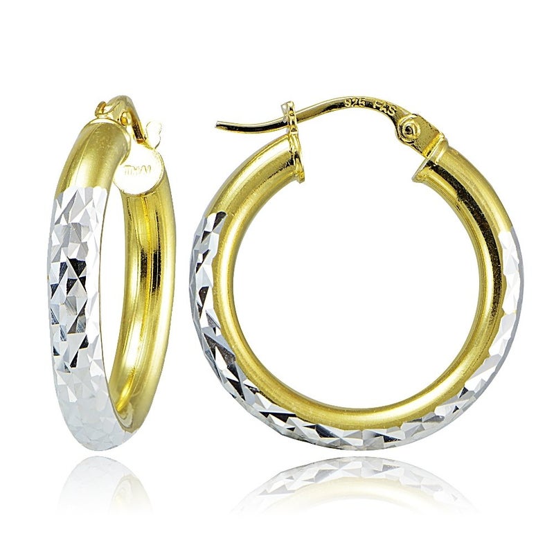 Hoops & Loops - Sterling Silver 25mm Two Tone Diamond Cut Click Top Hoop Earrings in Sterling Silver & Yellow Gold Flash Plated - Image 1